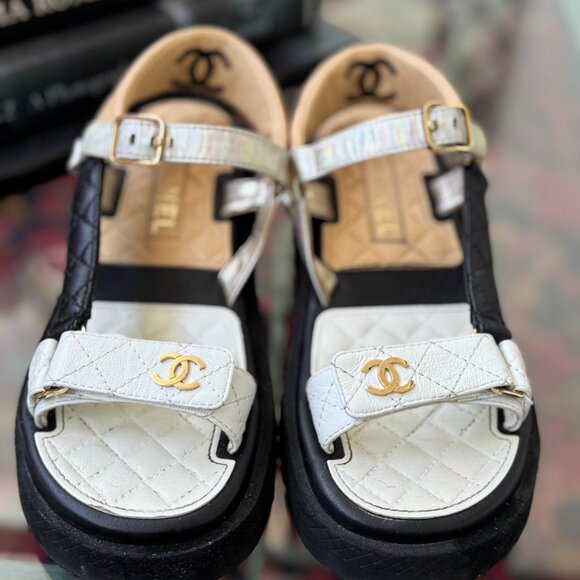 Chanel Dad Sandals Black White Tan Holographic Strap Euro Size 38 US Size 7.5 - Picture 2 of 13